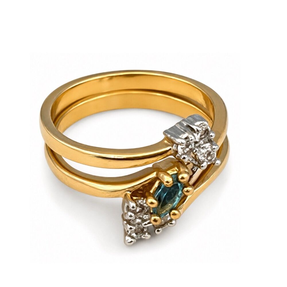 Vintage 1970s Ring Set Size 6 Blue Crystal CZ Bridal Set Gold Plated Band - 14Y